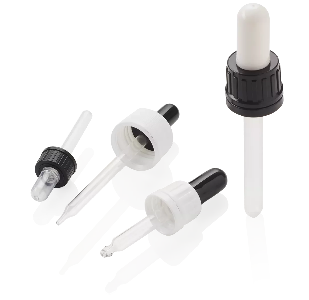 Four droppers with black or white nipples and rings, with unmarked glass and plastic pipettes