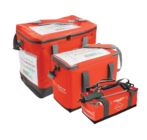 Three red Hemobox cases in three different sizes