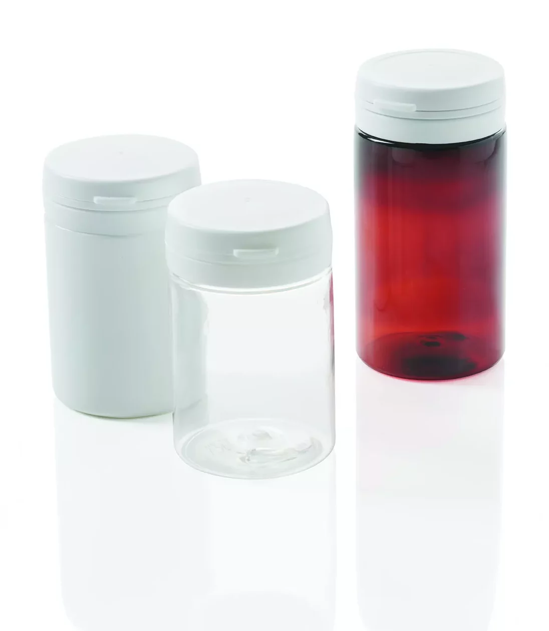 Three amber, clear and white PET pill jars with snap closure.