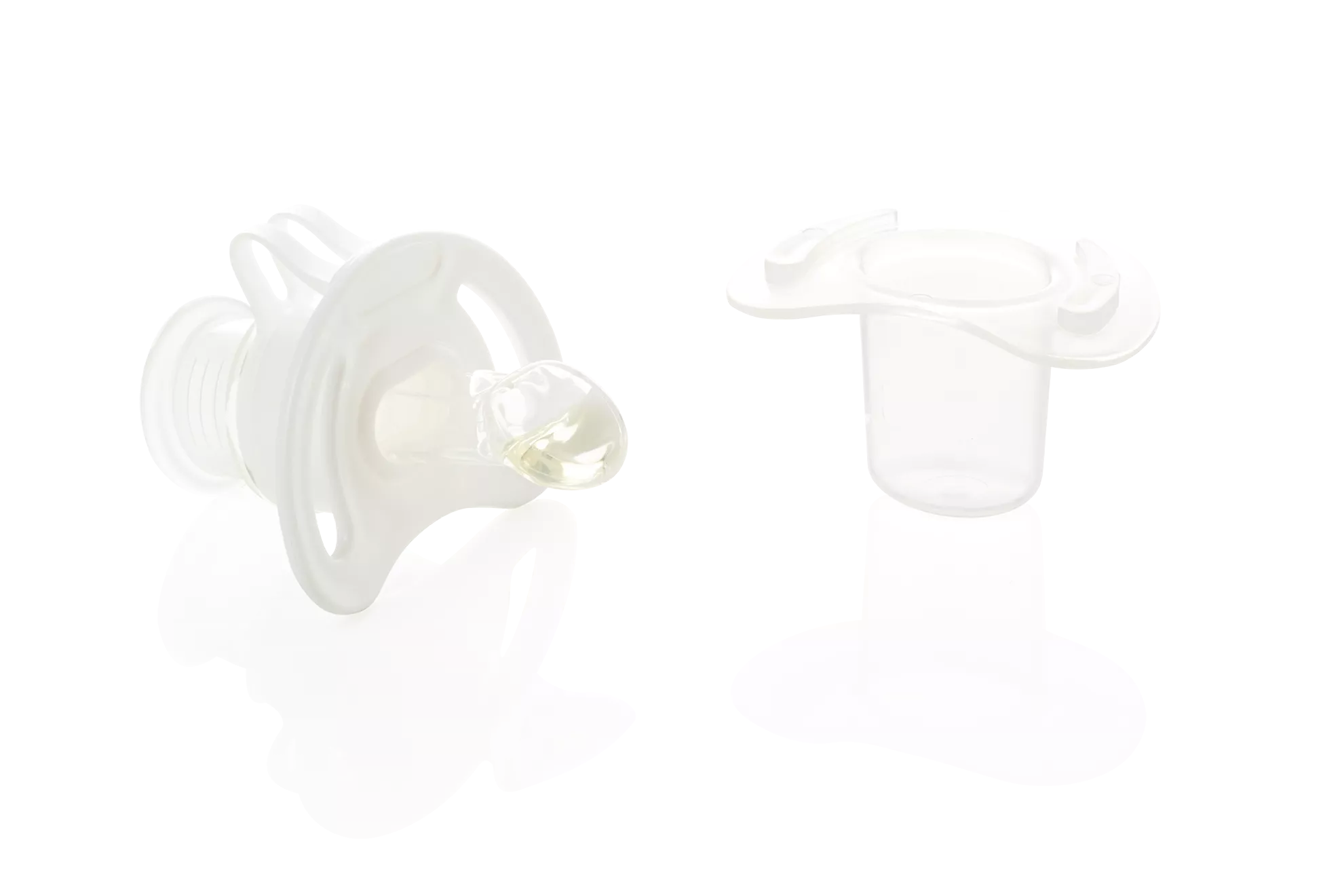 Dispensing pacifier and its protective cap with liquid-filled teat for administering medicine to babies