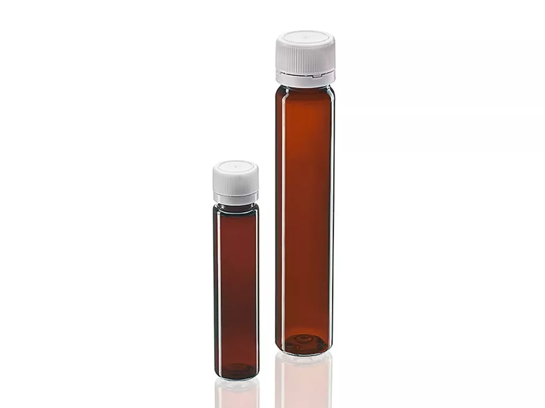 Two amber PET single-doses with white caps