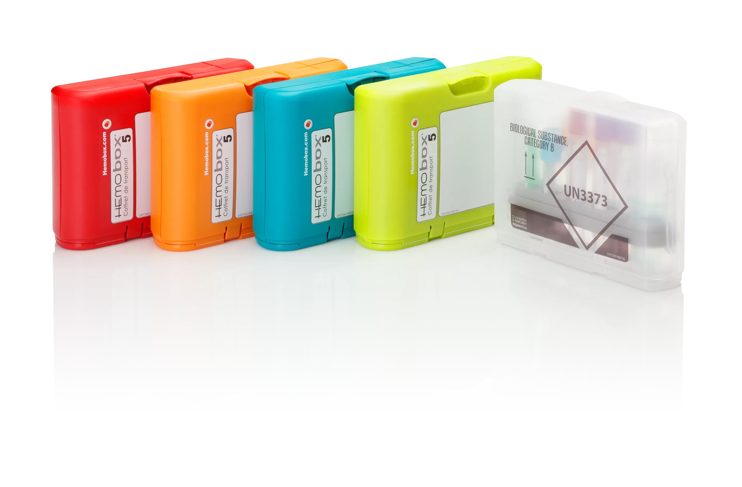 Assortment of Hemobox 5 blood transport boxes in six colours: light blue, red, orange, blue-green, green and transparent