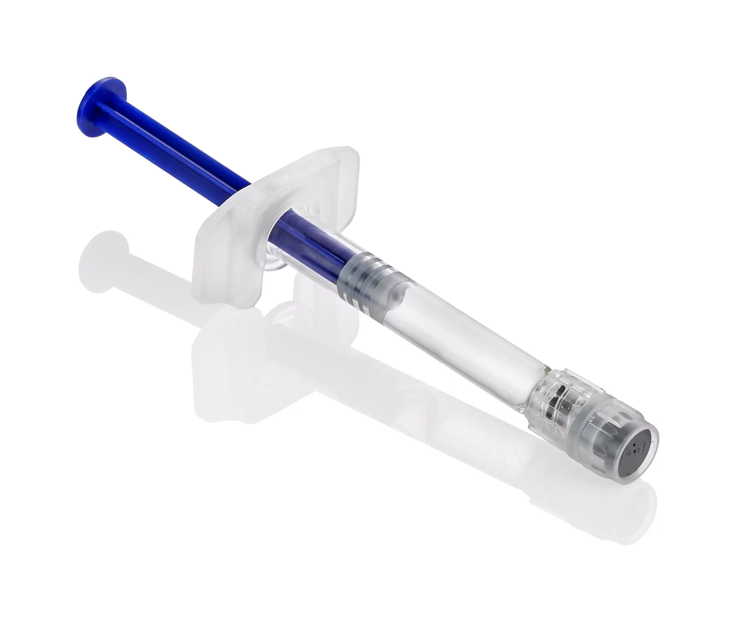 backstop put on a prefilled syringe with a blue plunger rod