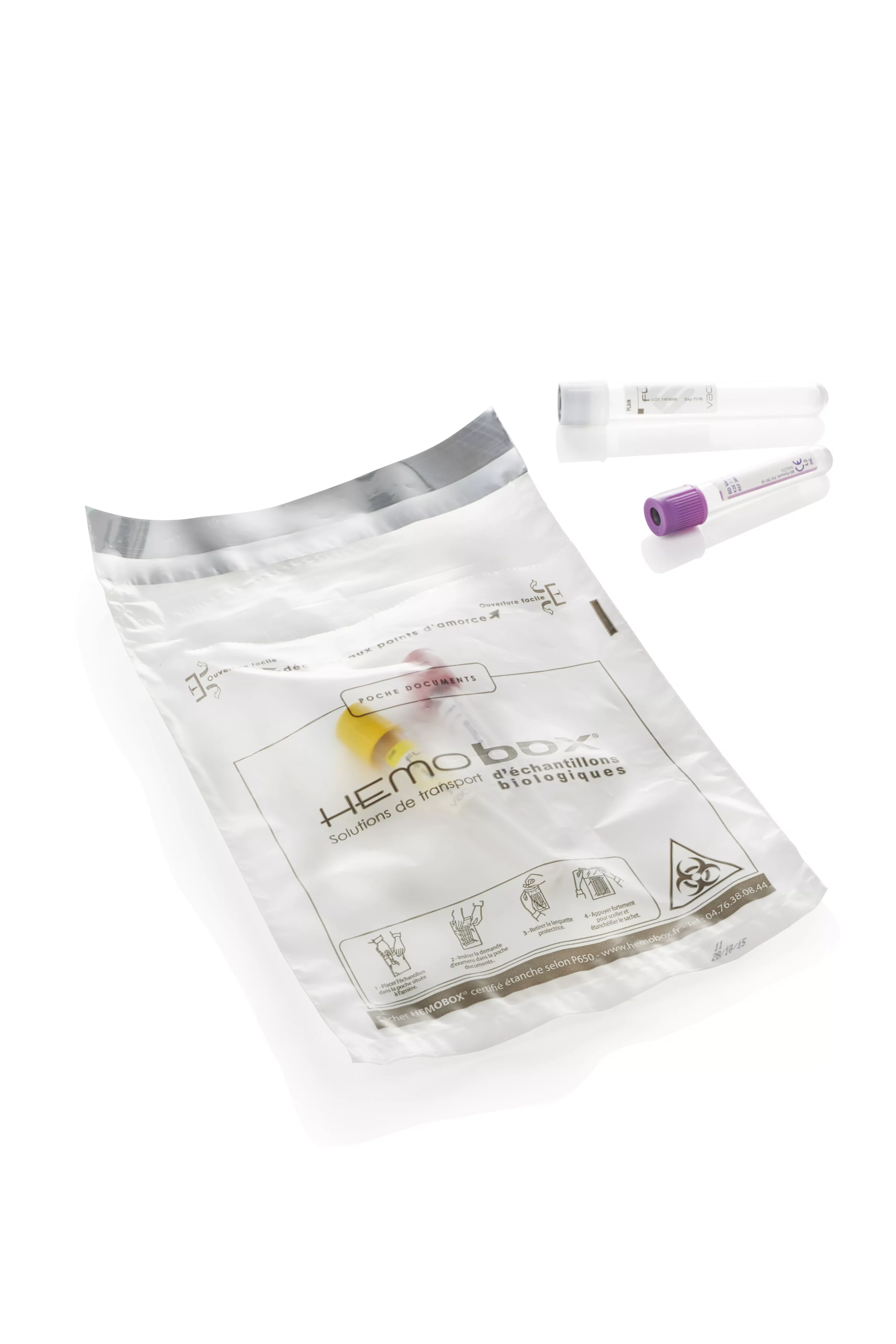 Hemobox transparent bag with two tubes for blood transport inside and two other tubes next to the bag