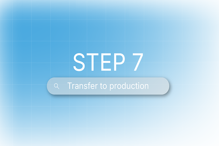 Illustration of step 7 in custom medical devices, showcasing transfer to production