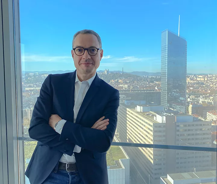 Photo of Olivier Derouard, President of SGH Medical Pharma, in his office in Lyon
