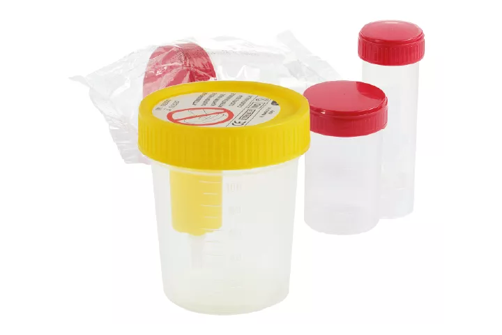 One large urine pot with a yellow cap, two smaller urine pots with red caps and one flowpacked urine pot with a red cap.